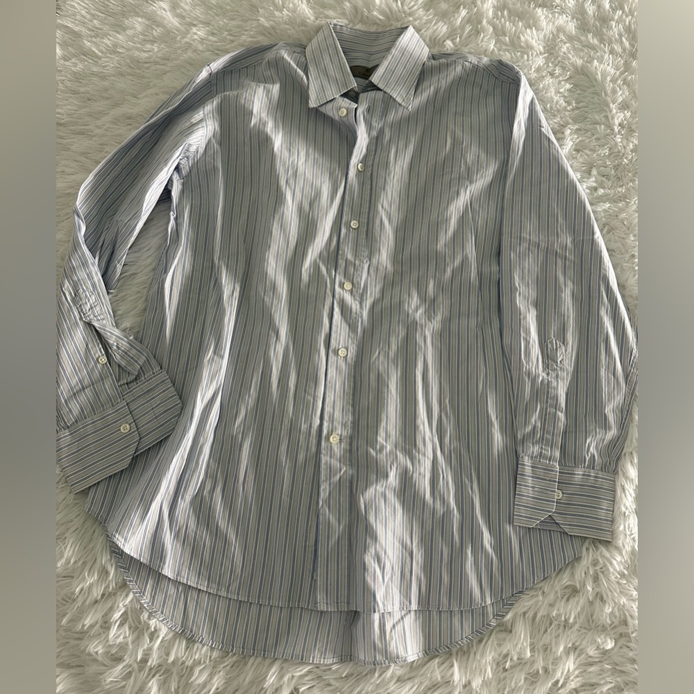 CANALI Mens White Blue Striped Cotton Dress Shirt 16 / 41 Italy EUC